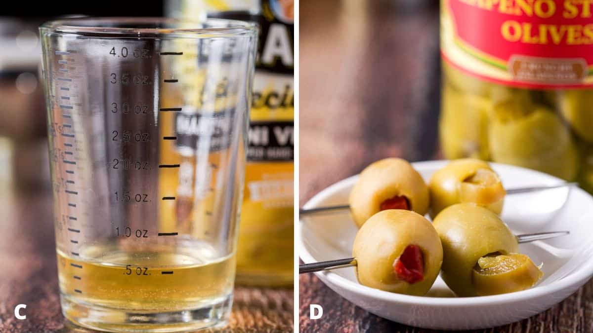 Left - olive brine measured out. Right - four olives speared on two martini picks