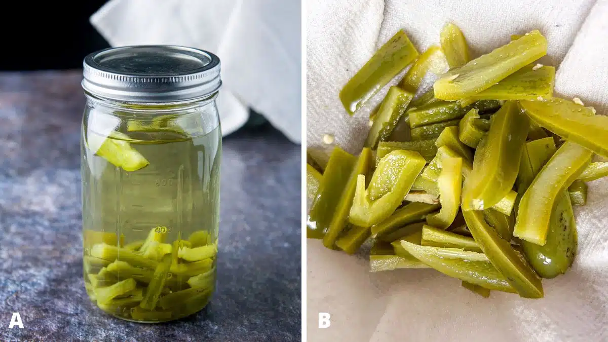Left - the jalapeno vodka infused and ready to be strained out. Right - the jalapeno slices draining on some cheesecloth