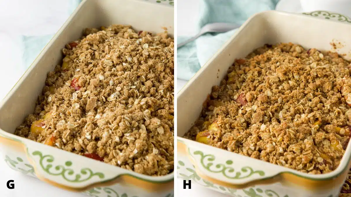 Left - Crumble topping on the raw peaches in a baking dish. Right - with the crisp baked
