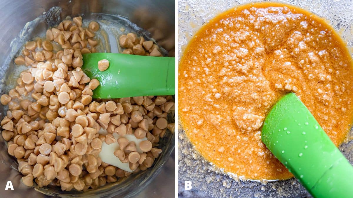 Left - butter and butterscotch chips melting in a pan. Right - the melted results in a glass bowl