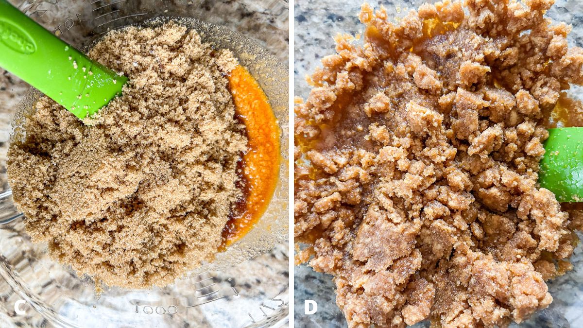 Left - brown sugar added to the melted butter and butterscotch chips. Right - the ingredients mixed together with a green spatula