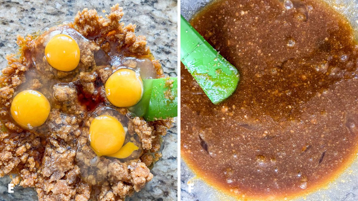 Left - four eggs added to the sugar mixture. Right - the eggs mixed in together