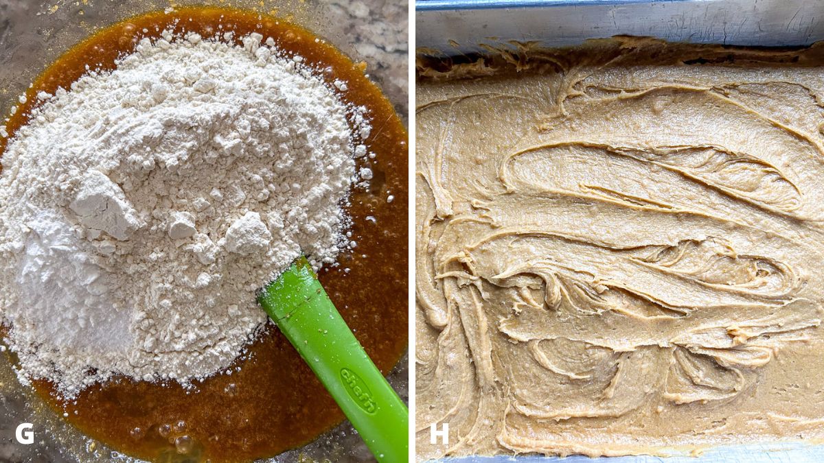 Left - flour, baking soda and baking powder, and salt added to the mixture. Right - the brownie mixture added to the pan