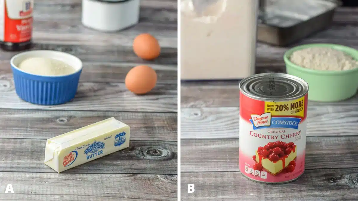 Left - butter, sugar, eggs, vanilla, and salt. Right - can of cherries, flour, and a pan