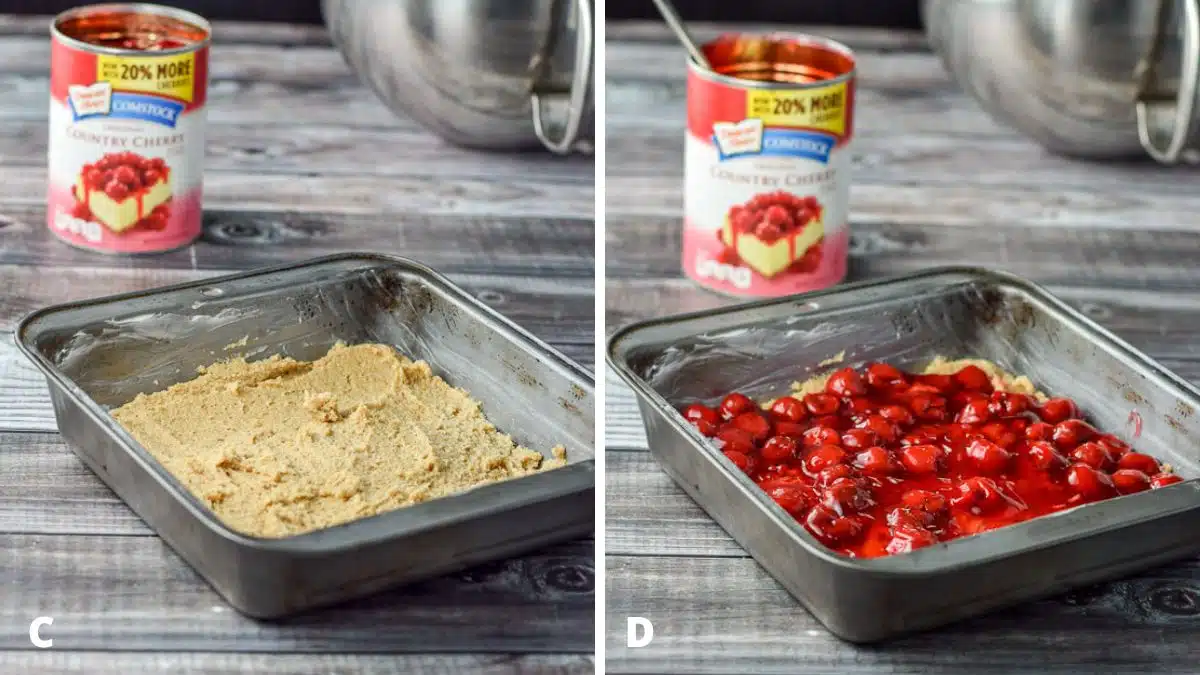 Left - the batter pressed in the pan with cherries in the back. Right - cherries spread over the batter in the pan