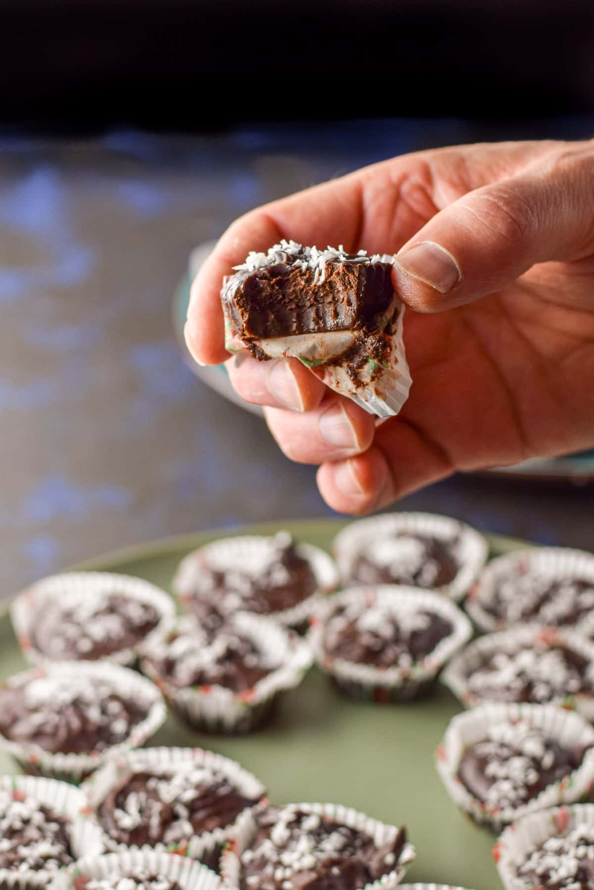 A hand holding a chocolate truffle with a bite taken out
