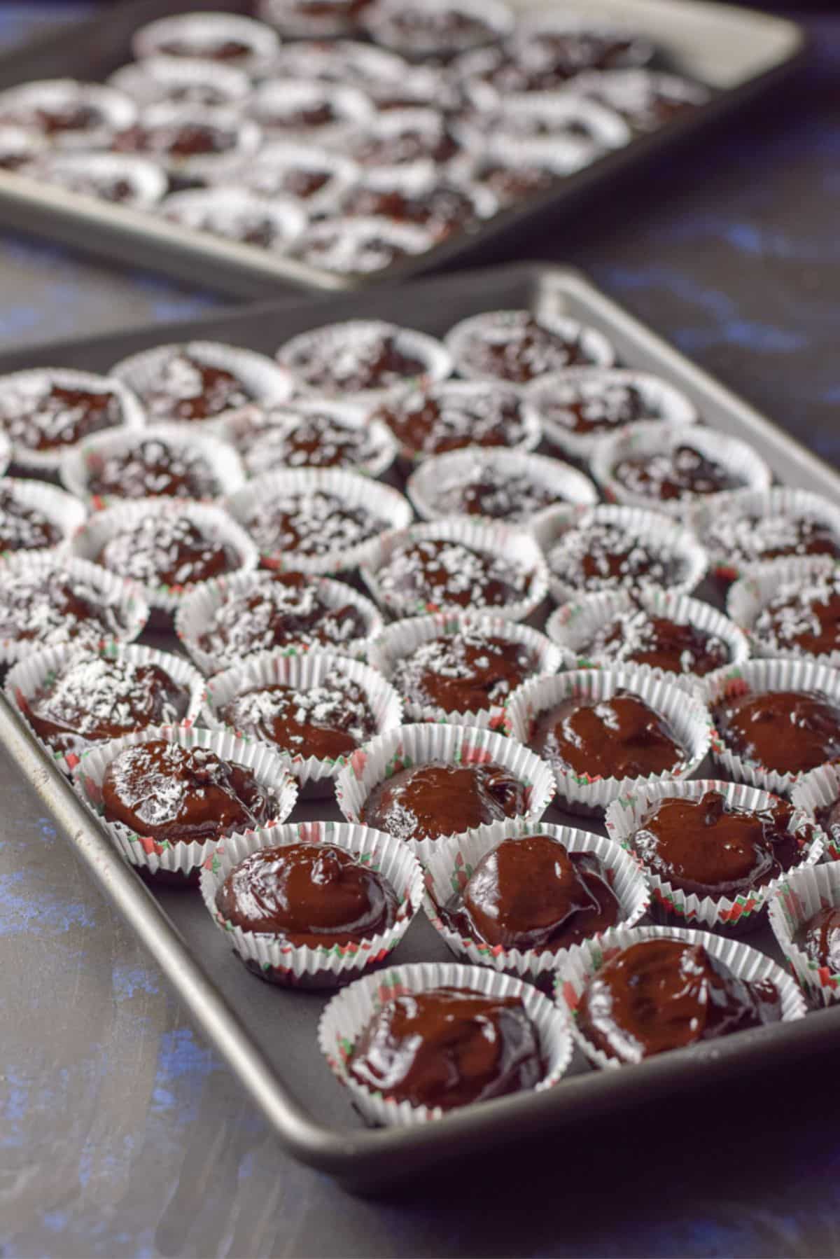 Tray with cupcake cups filled with Truffles some with coconut sprinkled on top