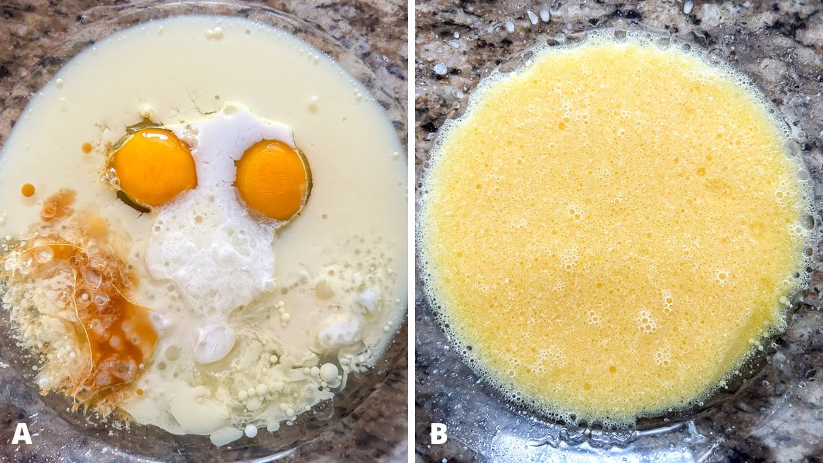 Left - eggs, milk, vanilla, and oil in a bowl. Right - the wet ingredients blended together