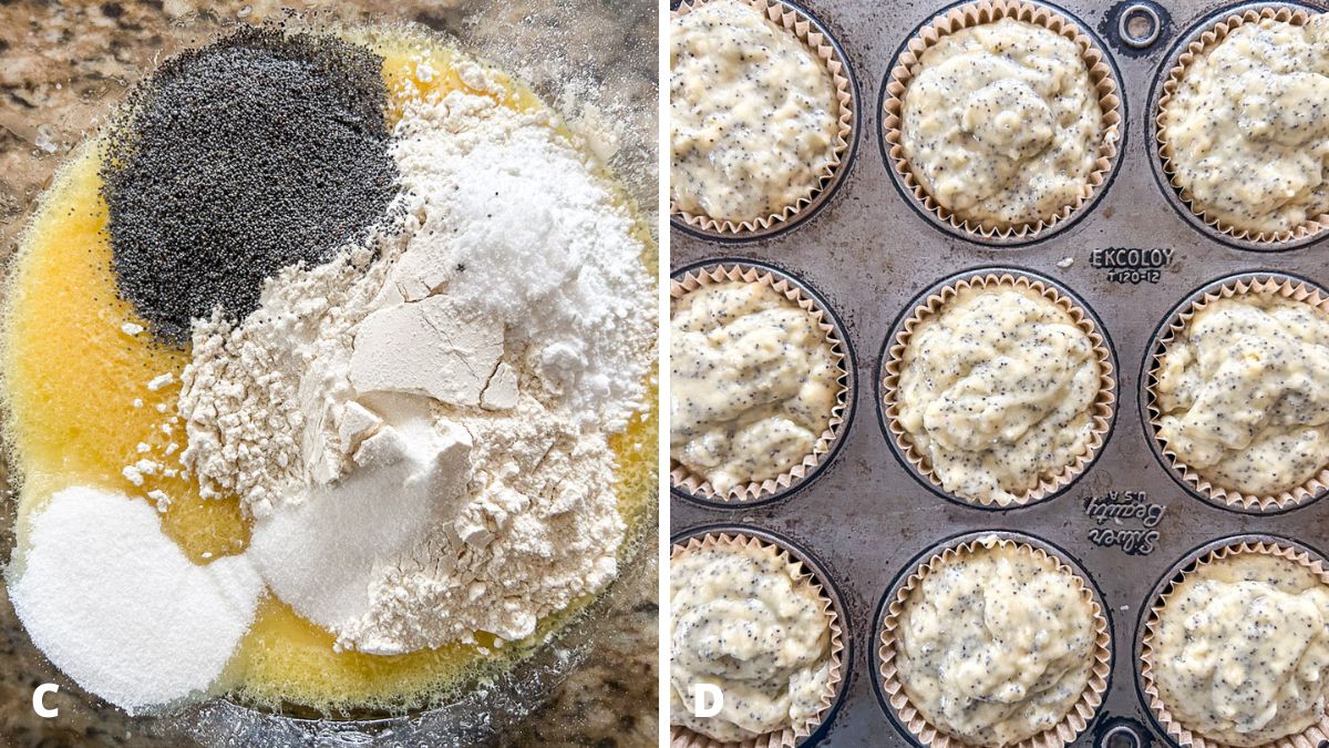 Left - flour, sugar, salt, baking powder and soda, and poppy seeds. Right - the muffin batter spooned into the muffin tin