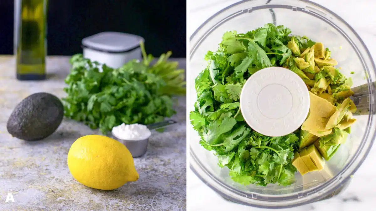 Left - avocado, lemon, yogurt, cilantro, salt, and oil. Right - overhead view of cilantro and avocado in the processor