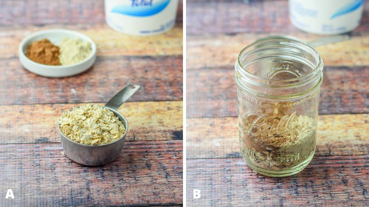 Left - oats, cocoa powder, protein powder, and yogurt. Right - oats, cocao, and protein powder added to a jar.