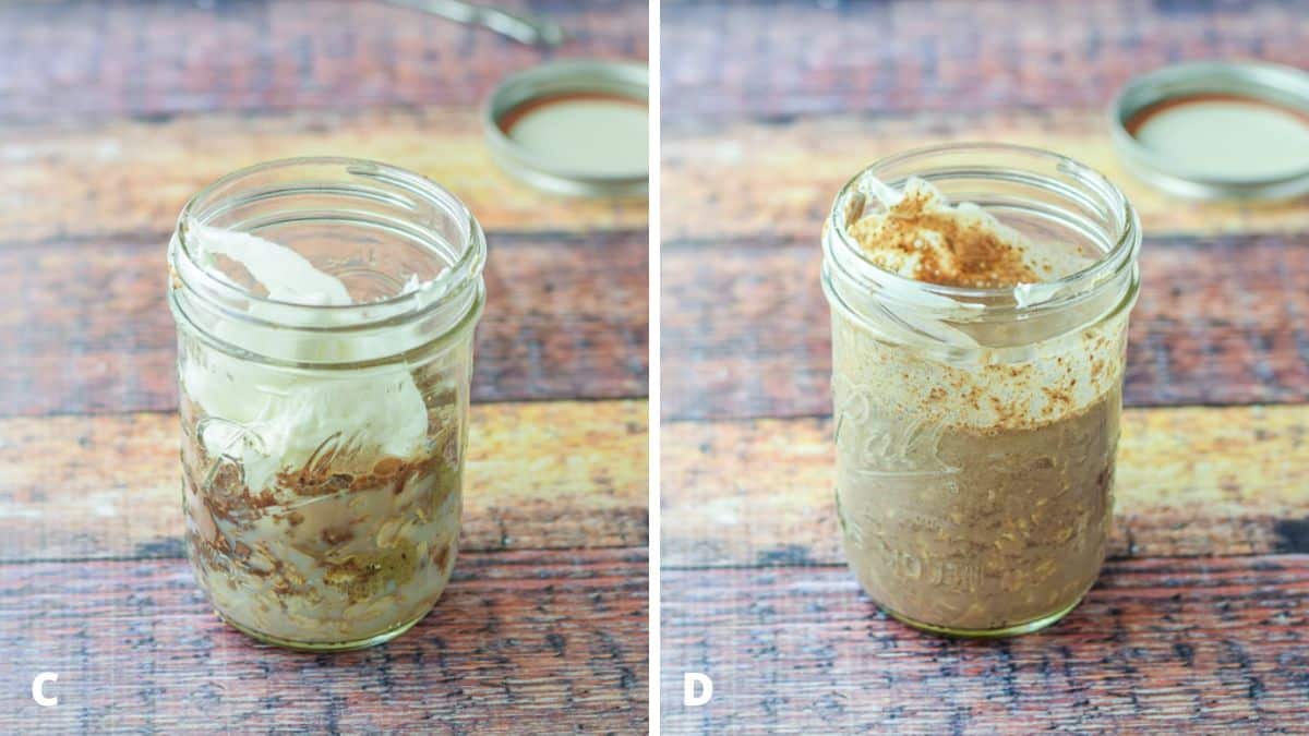 Left - milk and yogurt added to the jar. Right - the ingredients mixed together