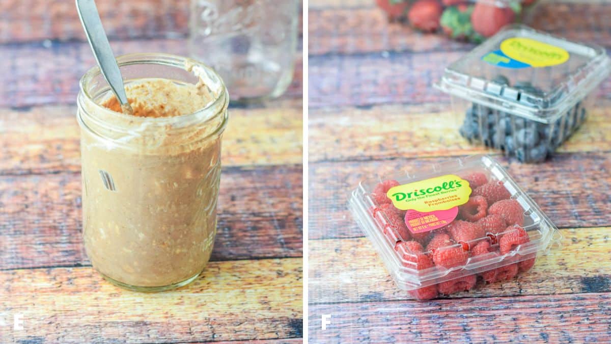 Left - the oats after spending the night in the fridge - mixed up. Right - raspberries, blueberries, and strawberries on the table