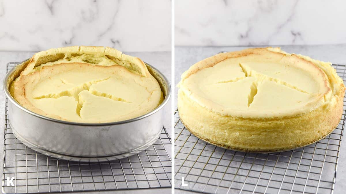 Cheesecake in the pan and out of the pan on a rack