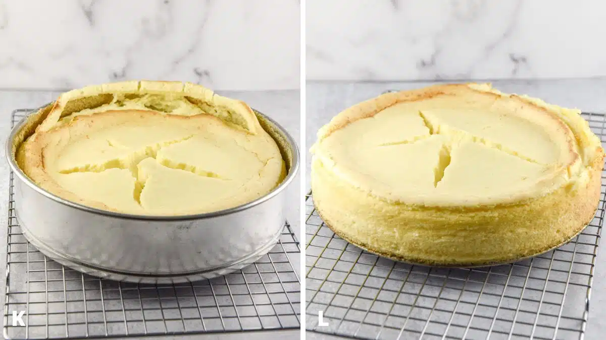 Cheesecake in the pan and out of the pan on a rack