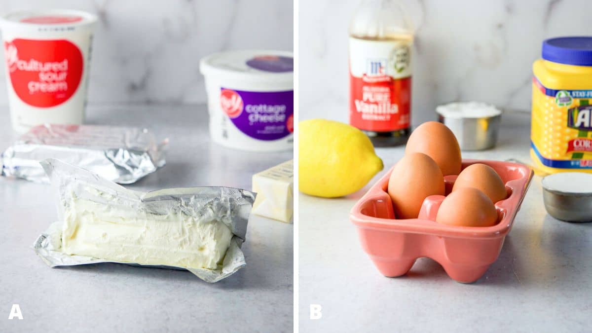 Left - cream cheese, butter, cottage cheese, and sour cream. Right - eggs, lemon, cornstarch, sugar, and vanilla