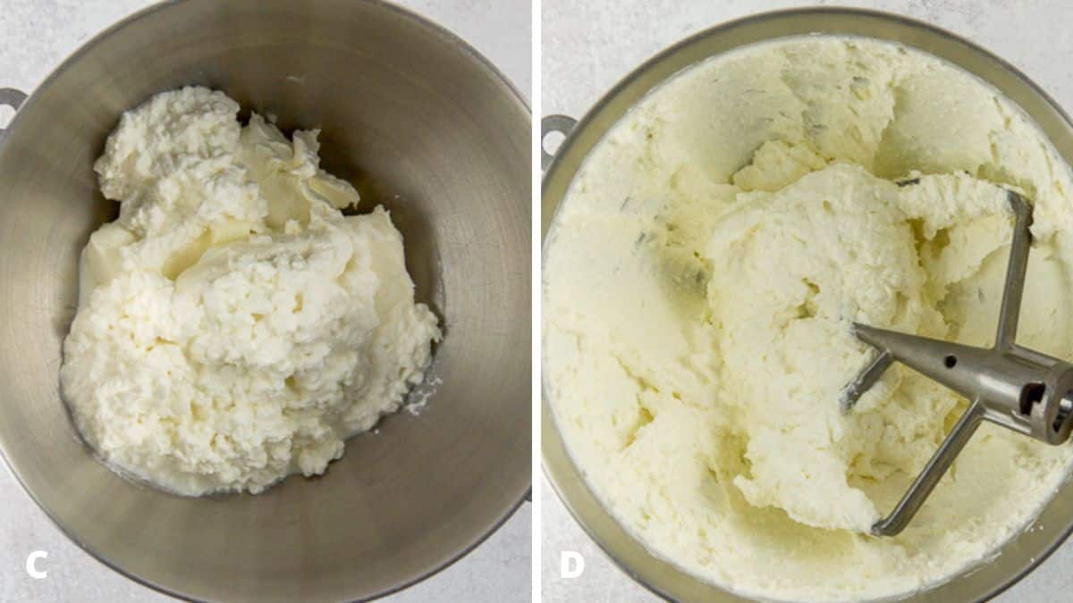 Left - cottage cheese and cream cheese in the container. Right - then mixed together