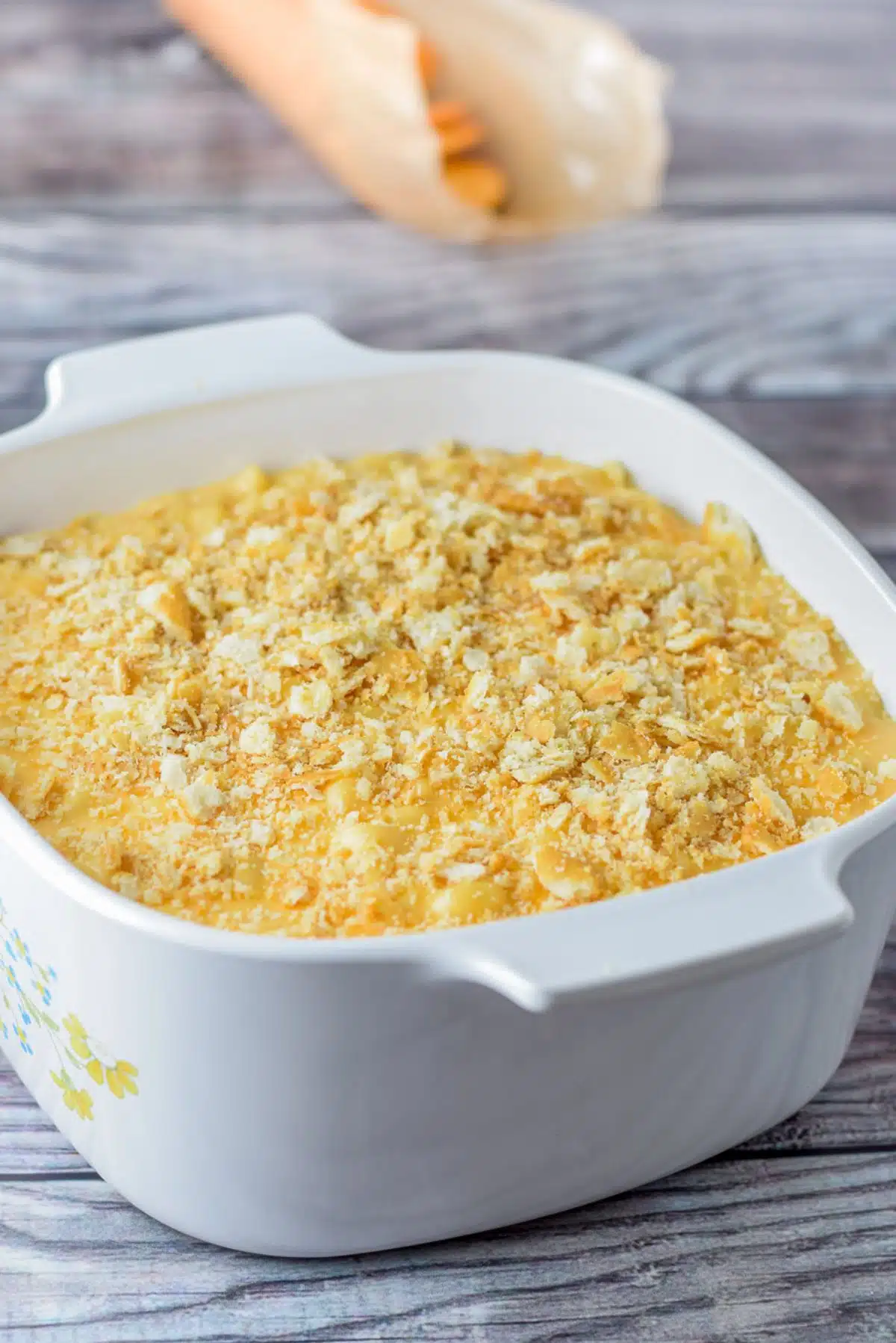 Ritz crackers crushed and sprinkled on the mac and cheese