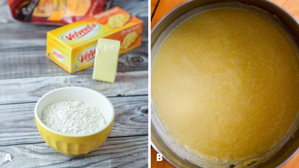 Left - Flour, butter, velveeta cheese, and other cheese. Right - a pan with melted butter and flour