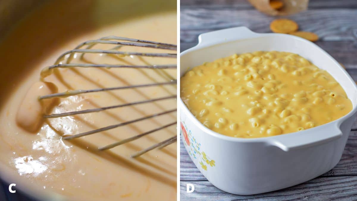 Left - cheeses added to a pan with a whisk in it. Right - the cheese sauce poured on the elbow macaroni