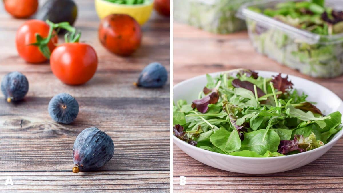 Left - Figs, tomato, yellow beets and snap peas on a wooden table. Right - spring salad mix added to a white deep dish