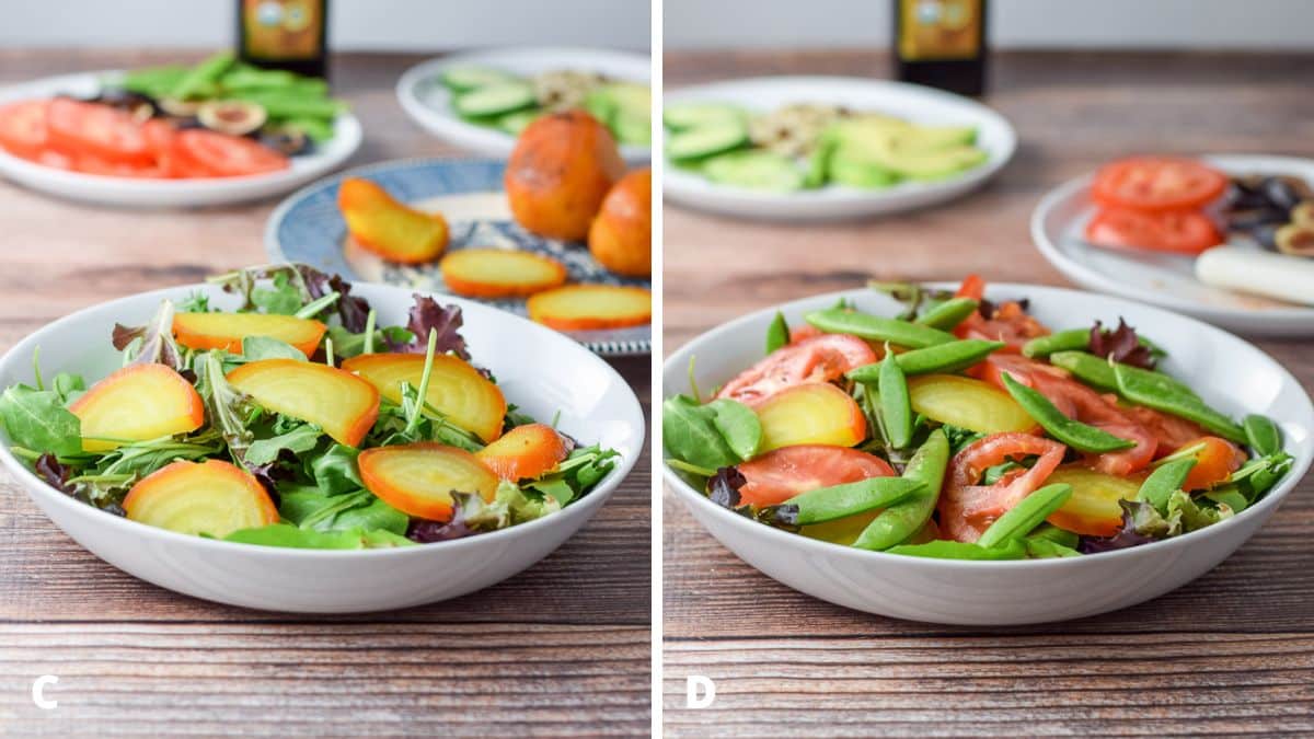 Left - sliced yellow beets added to the lettuce. Right - tomato slices and snap peas added to the salad