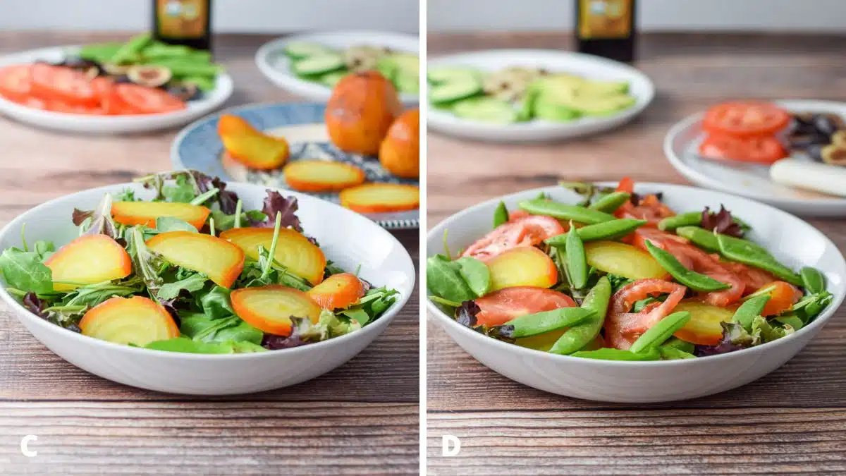 Left - sliced yellow beets added to the lettuce. Right - tomato slices and snap peas added to the salad