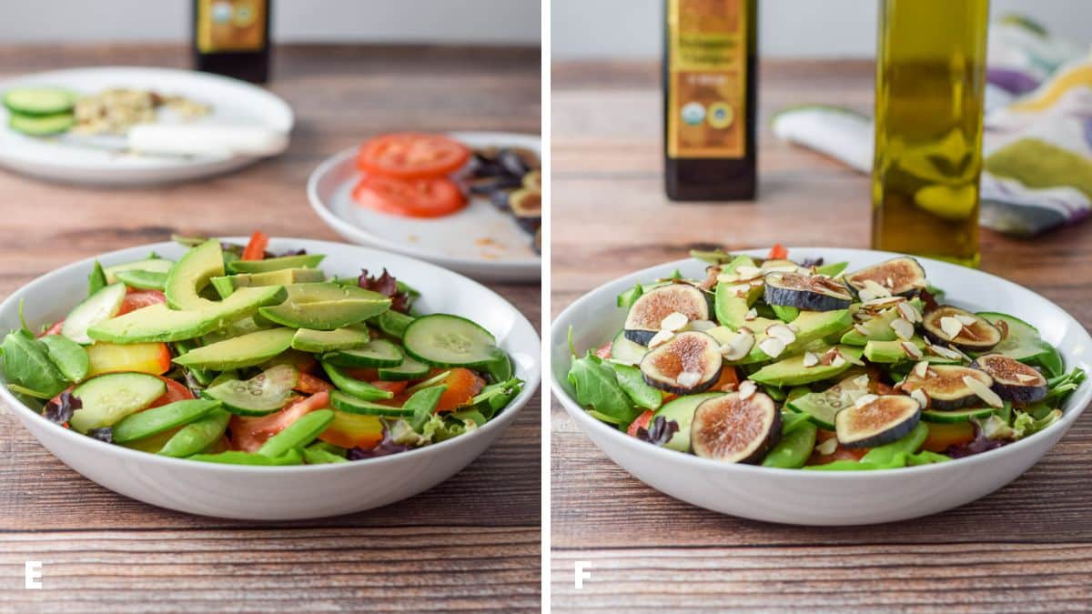 Left - avocado and cucumbers added to salad. Right - sliced figs and almond slivers added to the salad