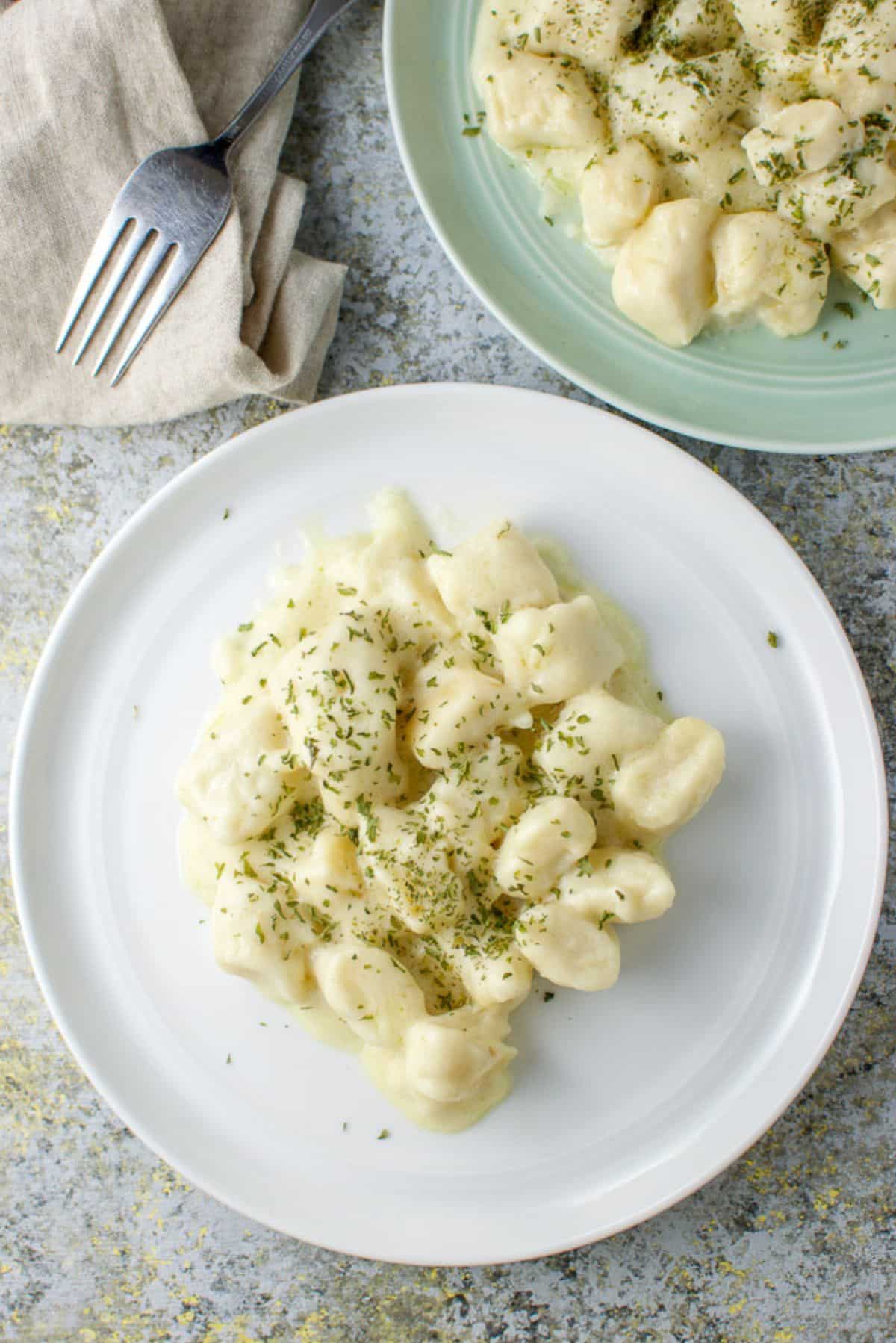 Overhead view of the gnocchi with parsley sprinkled on - one on a white plate and the other on a green plate