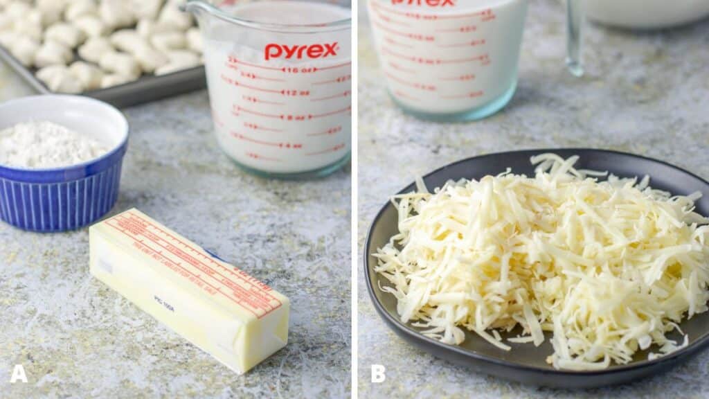 Left - Butter, flour, almond milk, and uncooked gnocchi. Right - shredded cheese on a black plate