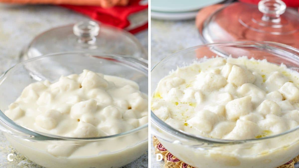 Left - Gnocchi in a casserole dish with cream sauce poured over it. Right - Gnocchi with sauce in a glass casserole dish with a few plates and a salad in the background
