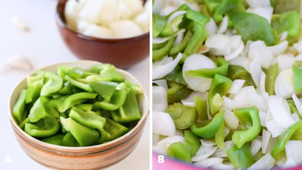 Left - Green bell pepper, onions, mushrooms and garlic on a white table. Right - Saut&eacute;ed bell pepper and onion in the stockpot