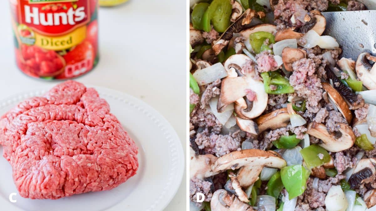 Left - Ground beef on a round white plate, diced tomatoes and beans on a white table. Right - Ground beef added to the onion, pepper, mushrooms and garlic in the Dutch oven