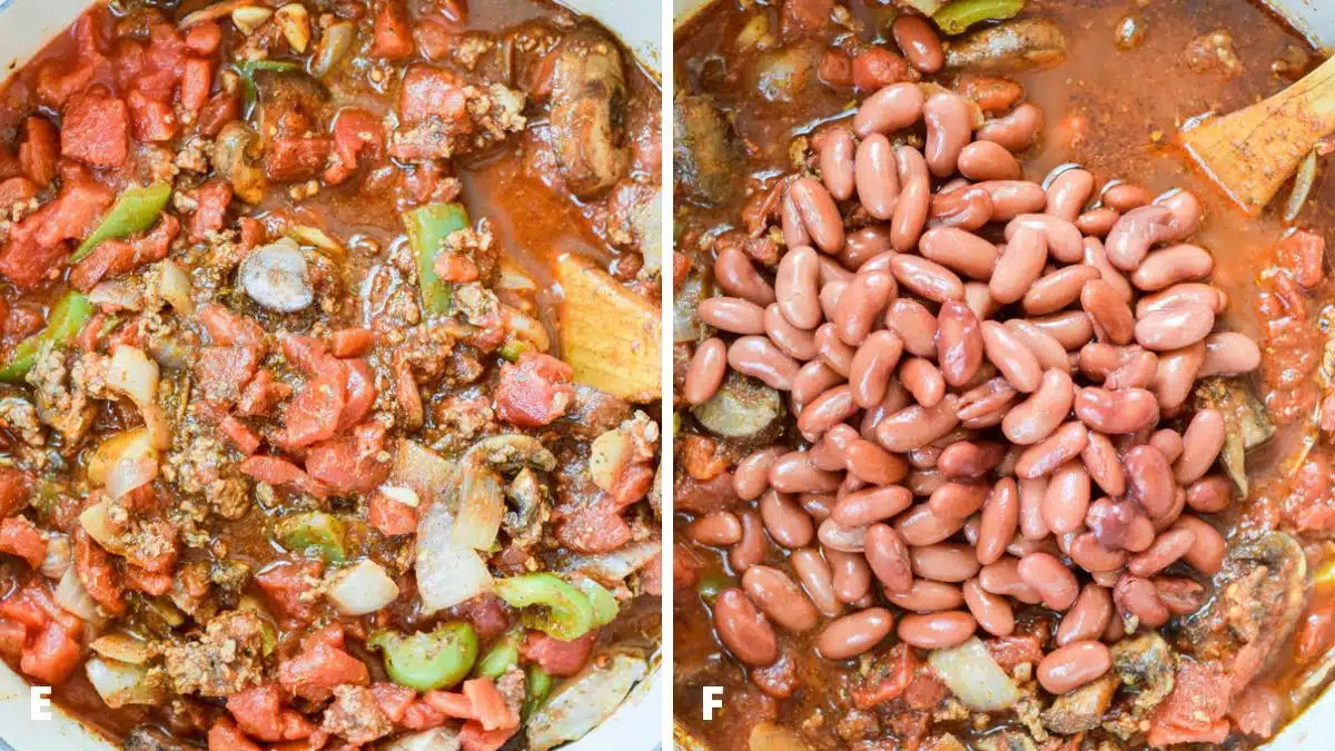 Left - Tomatoes added to the other ingredients ready to be cooked. Right - Kidney beans added to the chili in a Dutch oven