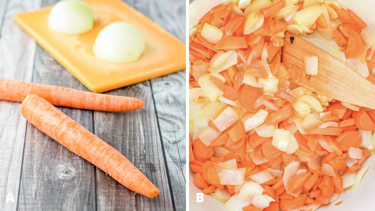 Left - carrots and onion on a table. Right - the vegetables cooked in a pot with a wooden paddle