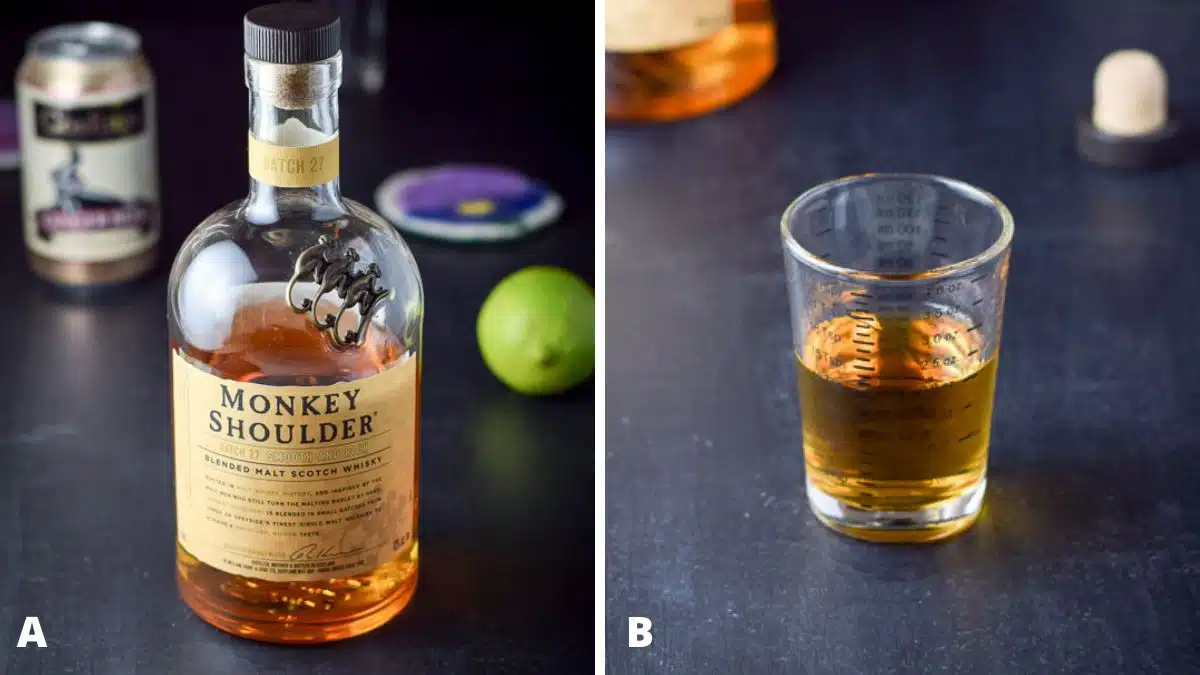 Left - Scotch, lime, and ginger beer on a table. Right - scotch measured out