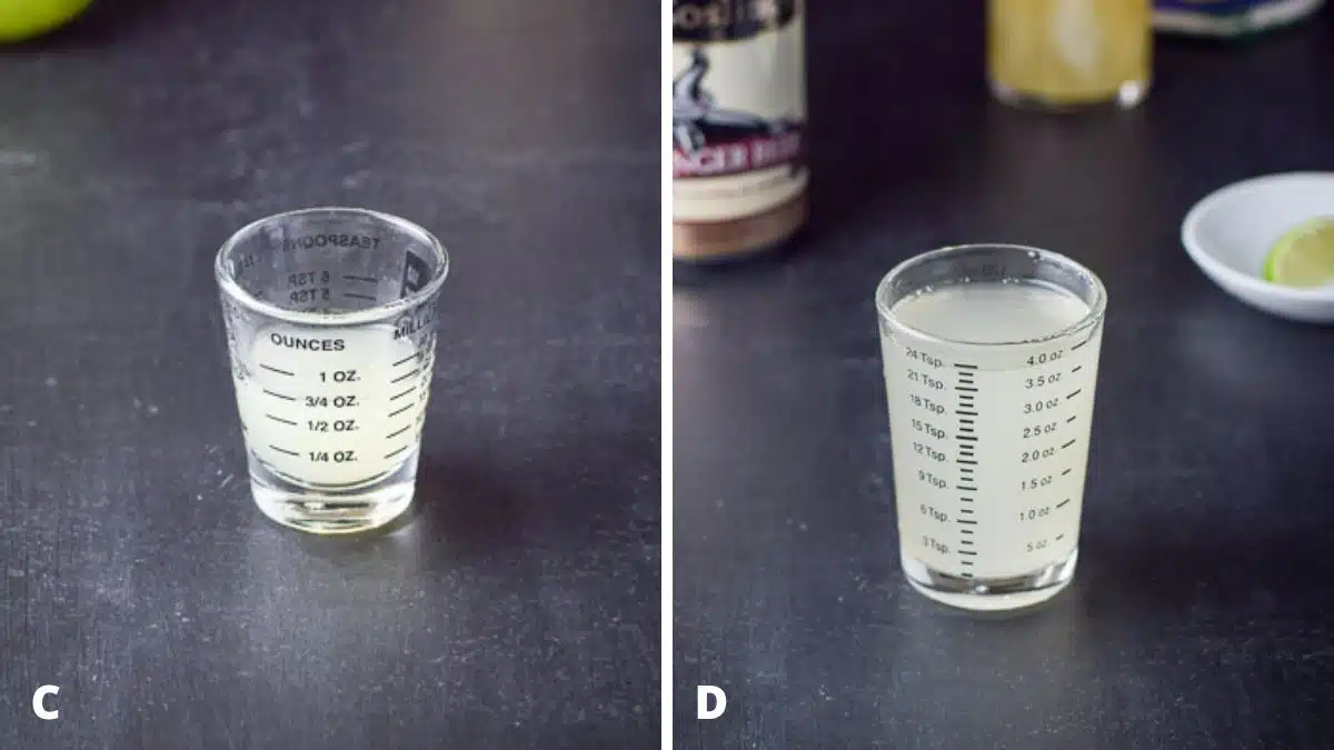 Lime juice and ginger beer measured out
