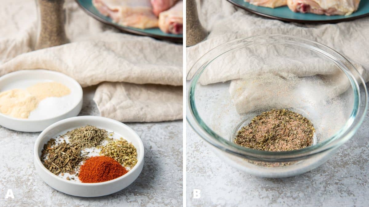 Left - herbs and spices on a table with raw thighs. Right - the herbs and spices mixed together in a glass bowl