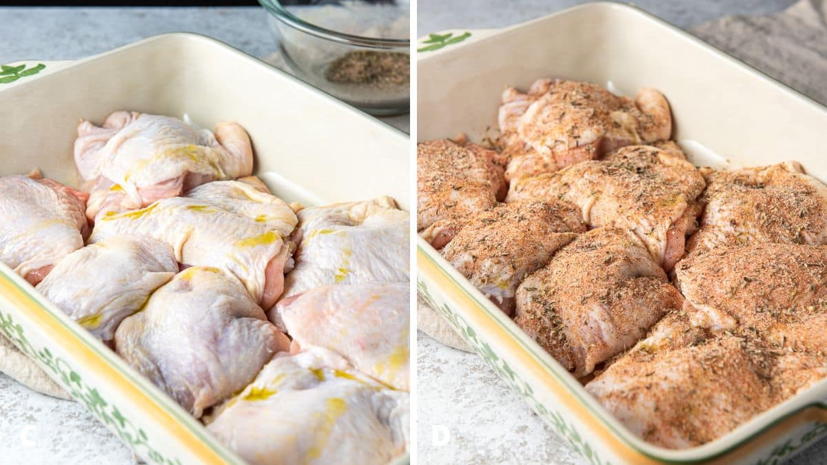 Left - raw chicken thighs in a baking dish with olive oil on top. Right - herb mixture on the raw thighs