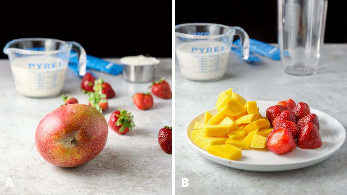 Left - Mango, strawberries, yogurt, collagen, and milk. Right - Cut up mangos and hulled strawberries on a white plate