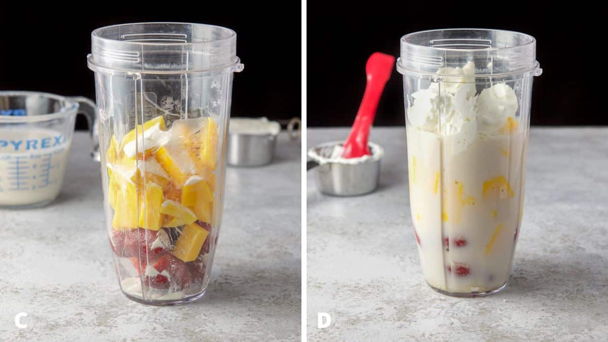 Left - The blender container with the strawberries, and mango, and collagen in it. Right - Milk and yogurt added to the blender container