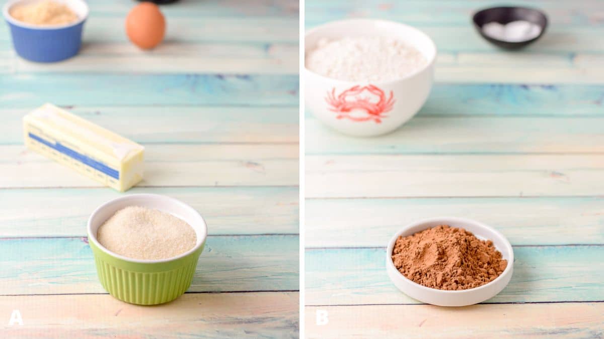 Left - sugars, butter, egg. and vanilla. Right - cocao powder, flour, and baking soda