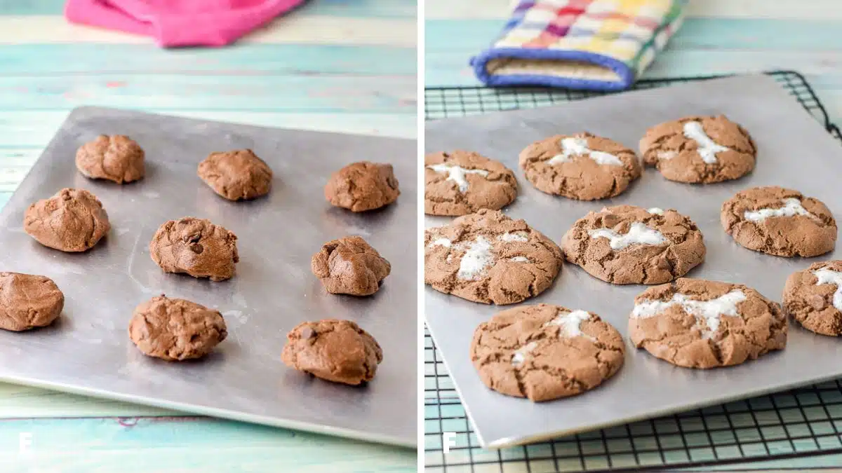 The balls of cookie dough on a sheet and then baked and cooling on a wire rack