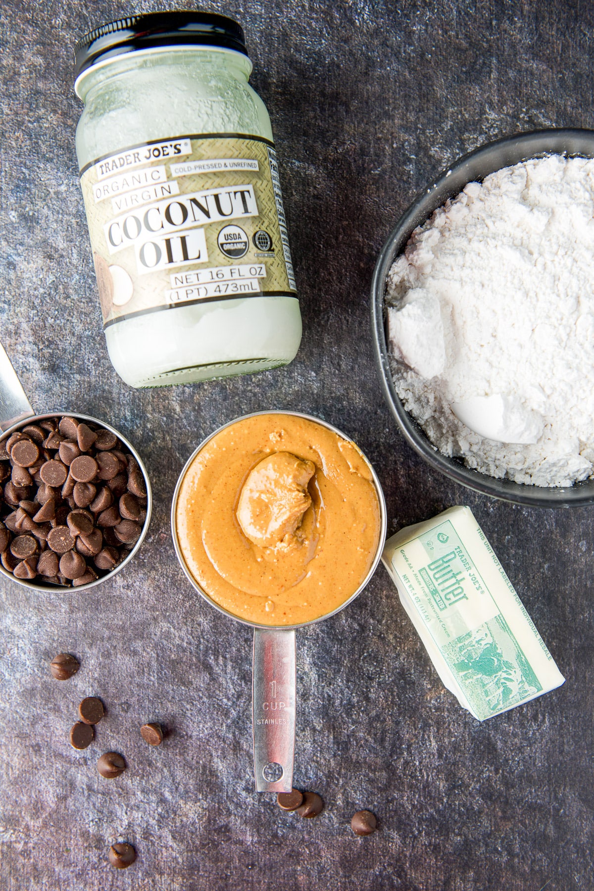 Peanut butter, butter, chocolate chips, confectioner's sugar, and coconut oil