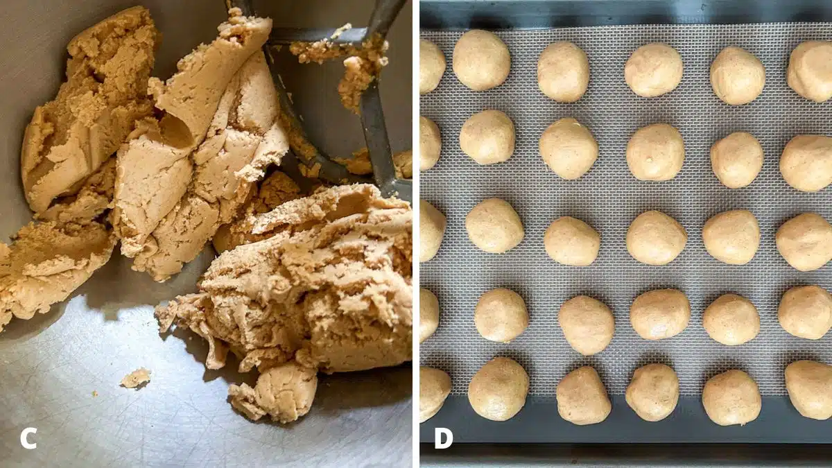 Left - peanut butter batter mixed together. Right - the batter formed into balls