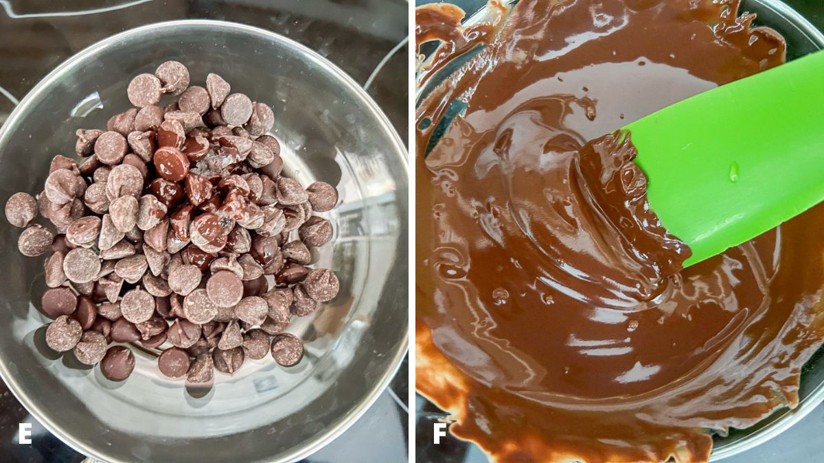 Left - a clear bowl with chocolate chips and coconut oil over a pan. Right - chocolate and oil melted together with green spatula