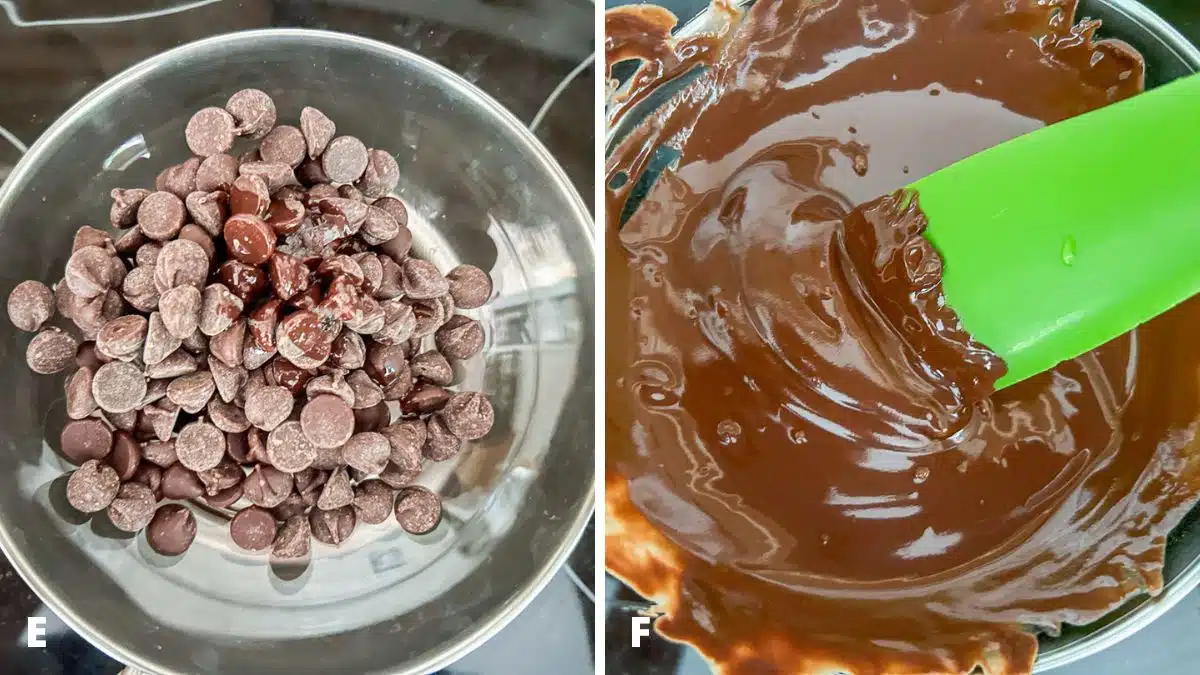 Left - a clear bowl with chocolate chips and coconut oil over a pan. Right - chocolate and oil melted together with green spatula
