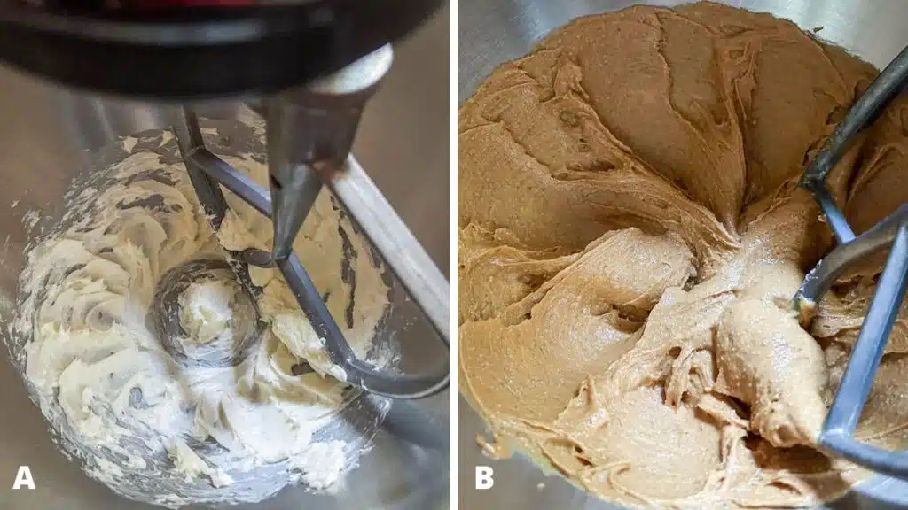 Left - softened butter creamed in the mixer. Right - peanut butter added and mixed