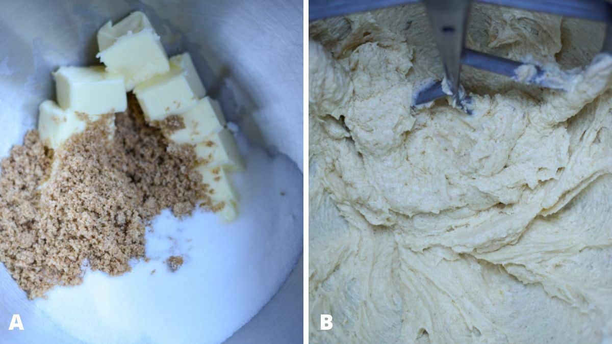 Butter and sugars in a metal mixing bowl and then creamed together