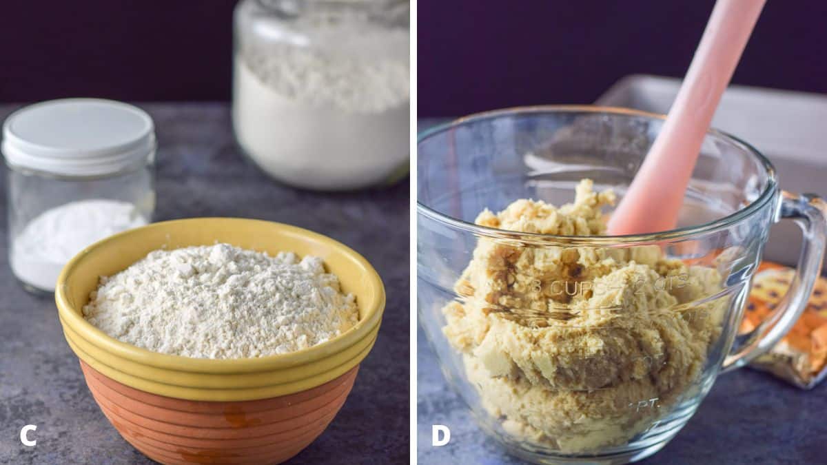 Left - flours and baking soda. Right - all the ingredients mixed together in a clear bowl